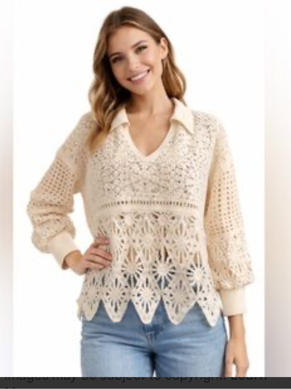 Solitaire Cream Crochet V-Neck Pointed Collar Sweater